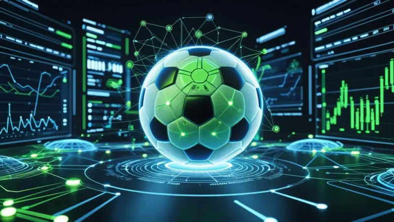 A digital illustration of a glowing soccer ball with data points, graphs, and AI circuits around it. Modern, techy, blue and green color scheme. Futuristic sports analysis concept.